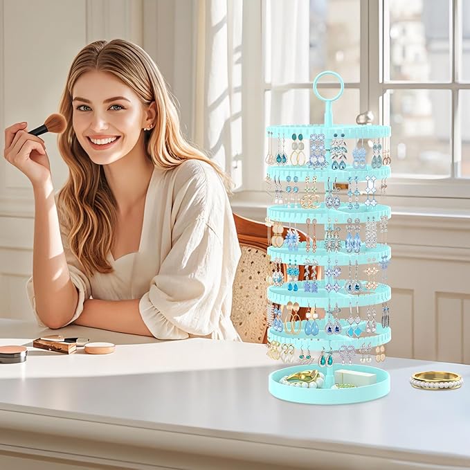 iDavosic.ly 6 Tier Rotating Earring Holder Organizer with Metal Tray, Adjustable Plastic Dangle Display Stands Tree with 342 Grooves, Large Hoop Storage Rack Tower, Blue
