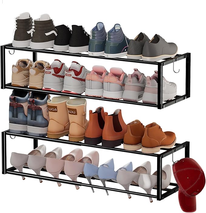 2 Pack Expandable Wall Mounted Shoe Rack, 17"-31" Adjustable Hanging Shoe Rack Holds 16 Pairs, Heavy Duty Metal Shoe Holder with 4 Storage Hooks, Space Saving for Entryway Closet Doorway（Black