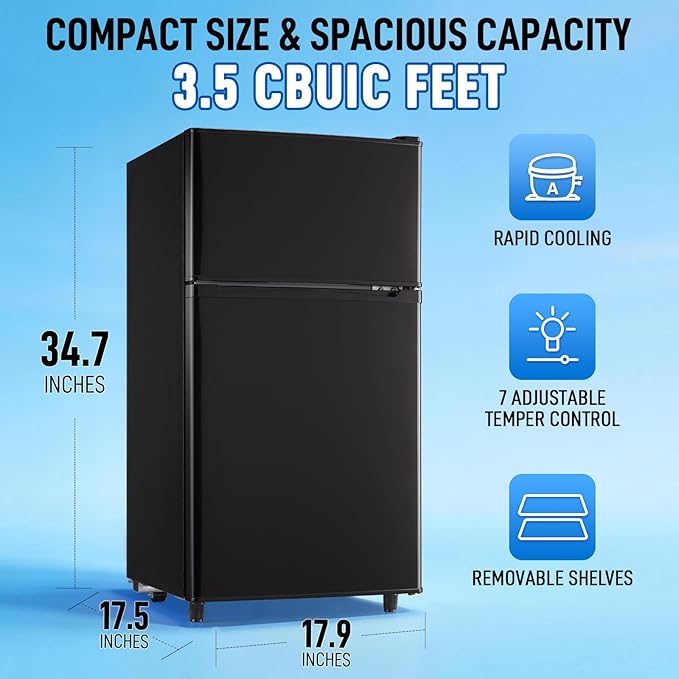 WANAI 3.5 CU.FT 2 Door Mini Fridge with Freezer Freestadning Small Refrigerator Features 7 Gear Mechanical Control, Side Bottle Rack, 2 Glass Removable Shelves, Crisper Drawer Black