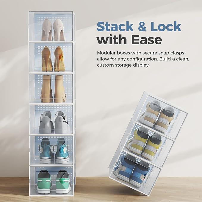 DUMOS Stackable Shoe Storage Boxes, 12-Pack Plastic Shoe Organizers with Lids, Large Shoe Rack & Holder for Closet, Under Bed, Entryway, Sneaker Display and Storage Containers, White