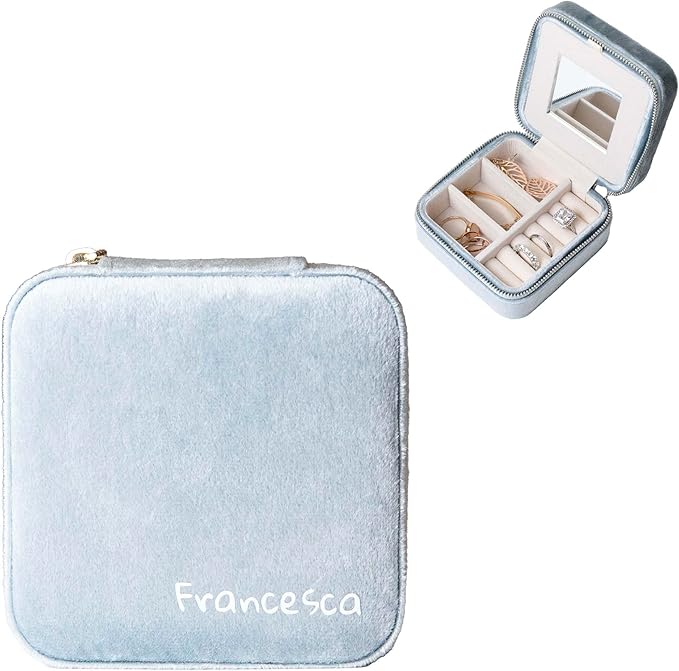 Customizable Compact Velvet Jewelry Box with Mirror, Travel Jewelry Case, Travel Jewelry Organizer, Jewelry Box for Women and Girls, Small Jewelry Organizer (Bottom Right Text, Powder Blue)