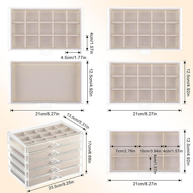5 Drawers Clear Jewelry Box for Women and Girls, Acrylic Earring Holder Organizer Ring Holder Display Storage, Warm White
