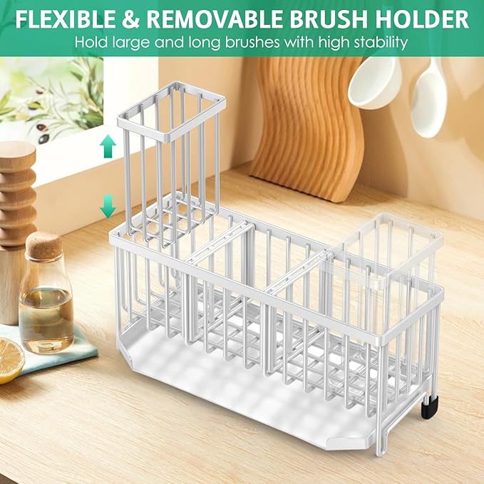 TomCare Sponge Holder for Kitchen Sink 11'' Large Sink Organizer Caddy with Drain Tray Brush Holder Rustproof with 2 Adjustable Dividers Durable Kitchen Storage Accessories for Counter, Silver Grey