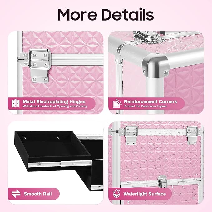 Professional Rolling Makeup Case Pro Makeup Artist Cosmetic Train Case Hairstylist Travel Case Portable Make Up Station with Lockable Drawer & 4 Swivel Wheels - Pink