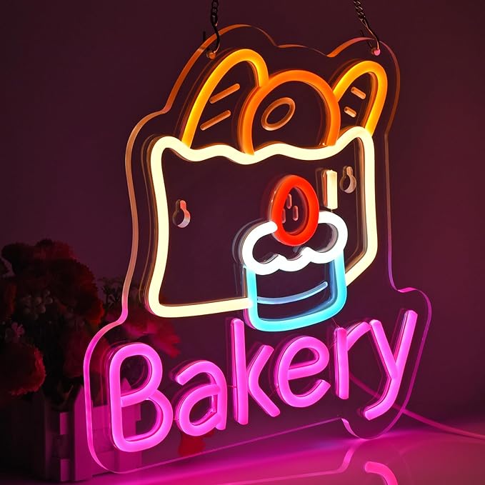 Bakery Neon Sign for Wall Decor LED Light up Sign Kitchen Baking Dessert Shop Restaurant Business Signage Cake Food Shop Cafe Birthday Party 12.6" x 11.8" Led Art Hanging Decorative Gifts
