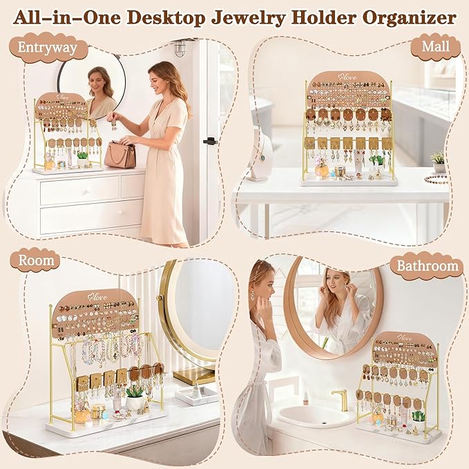 Keebofly Acrylic Earring Organizer Stand with 14 Hooks, Cute Girly Earring Holder for Girls/Teens/Kids – Jewelry Display for Vendors, Vanity Desk Stores Studs/Hoops/Dangles/Necklaces/Bracelets Glod