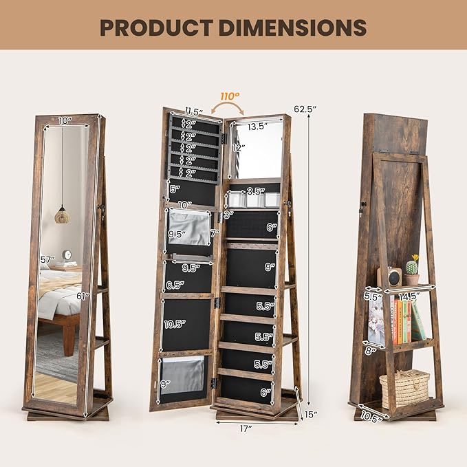 CHARMAID 3-in-1 Jewelry Armoire with Full Length Mirror, 360° Swivel Lockable Jewelry Cabinet with Shelves, Freestanding Mirror Organizer for Earrings, Necklaces, Rings, Makeup (Vintage Brown)