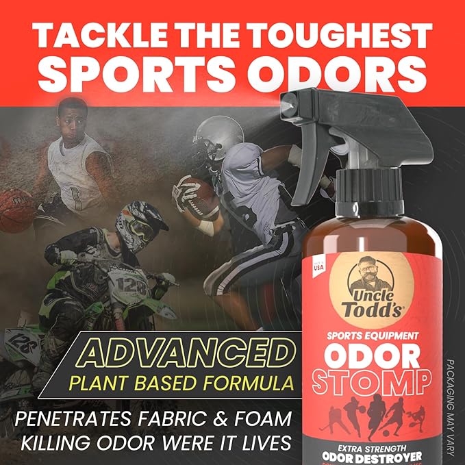 Uncle Todd’s Odor Stomp Sports Equipment Odor Eliminator Spray - Extra Strength Enzyme-Powered Deodorizer for Football, Hockey, Gym Bags, and Athletic Gear - Citrus Sport Scent - 16oz