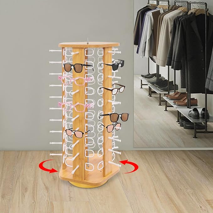 50 Pairs Glasses Rack, 360° Rotating Sunglasses Display Rack, 5-Sided Eyeglasses Storage Organizer, Eyewear Holder, Commercial Sunglasses Display Stand, Log Color