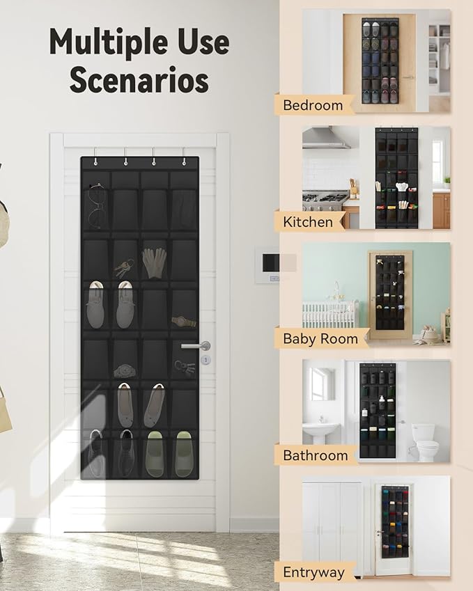 dodowin Over the Door Shoe Organizers, 2 Pack, Each with 24 Deep Mesh Pockets & 4 Metal Hooks, Over The Door Shoe Rack Space Saving Hanging Storage Holder for Closets, Shoes & Accessories, Black