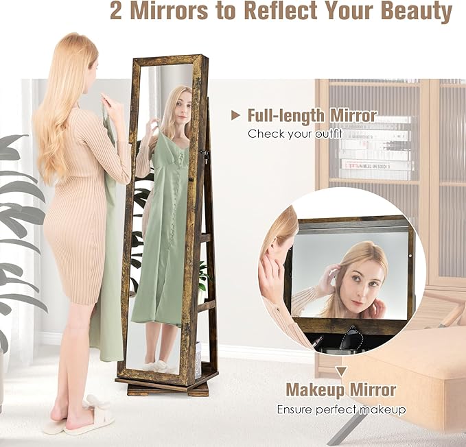 360° Swivel LED Mirror Jewelry Cabinet with Full Length Mirror, Lockable Floor Standing Mirrored Jewelry Armoire Organizer w/Inside Makeup Mirror & Back Storage Shelves (Rustic Brown)