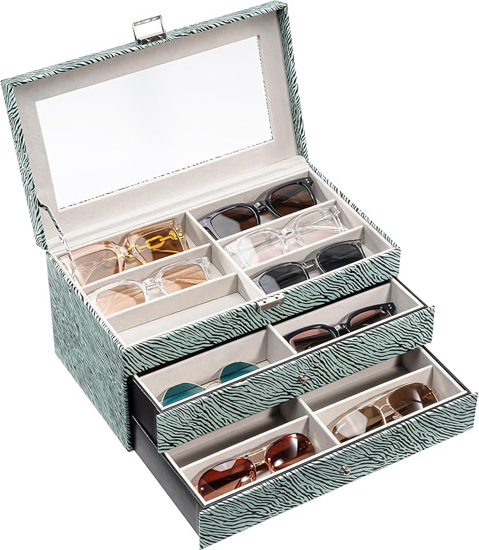 ProCase 3-layer Sunglasses Storage Organizer, 18 Slots Leather Sunglass Box Multiple Pairs Eyeglass Cases Eye Glass Eyewear Display Holder for Men Women -Stripe