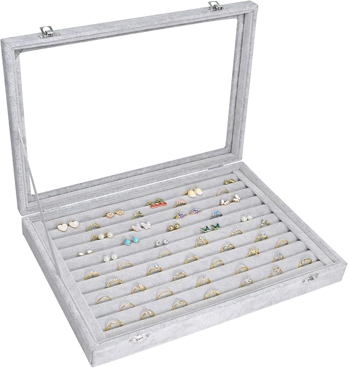 Rings Organizer Tray 10 Slots Velvet Ring Display Tray Insert Jewelry Earring Storage Box with Transparent Glass lid Can Hold 100 Rings Earrings Suitable for Girls and Women (Grey)