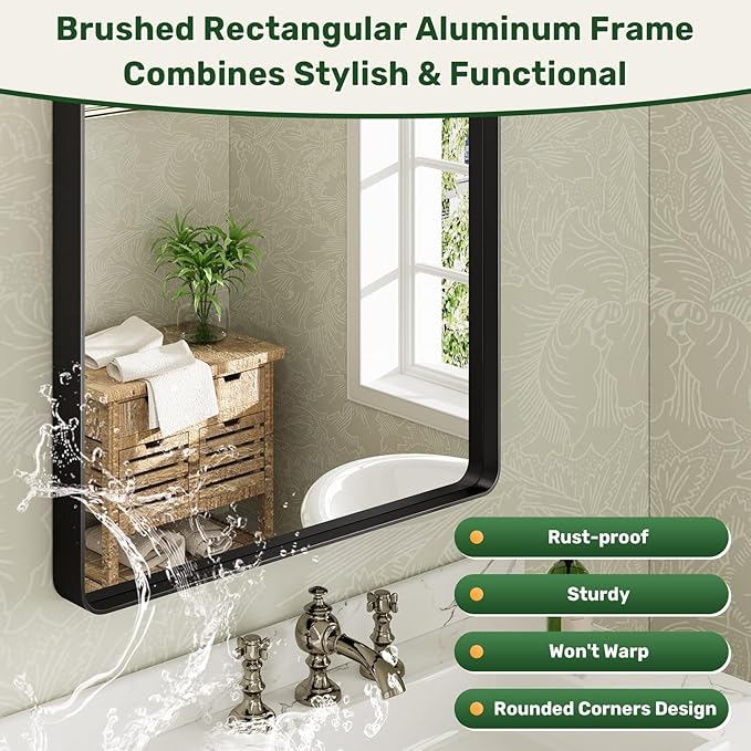 48X32 Black Bathroom Mirror for Over Sink, Metal Framed Vanity Mirror Wall Mounted, Rectangle Mirror for Bedroom Living Room Restroom Entryway, Anti-Rust, HD Tempered Glass