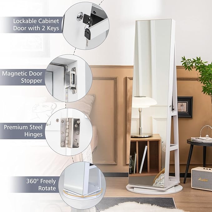 CHARMAID 360° Swivel Jewelry Armoire with Full Length Mirror, Rear Storage Shelves, Lockable Standing Jewelry Cabinet Organizer with Interior Vanity Mirror and 3-Color Lights (White)