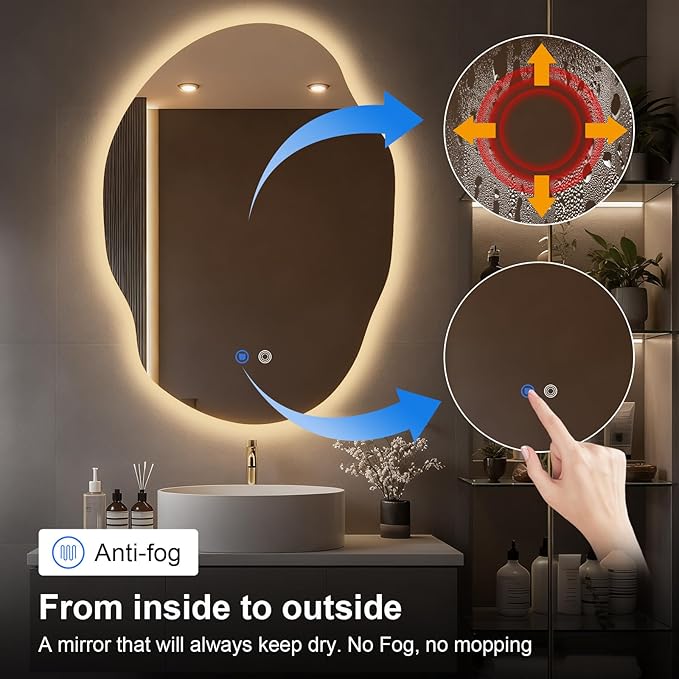 Asymmetrical Bathroom Mirror with Lights,Irregular LED Bathroom Vanity Mirror with Backlit,Anti-Fog,3 Colors and Dimmable Light with Memory,Hardwired Supported[Horizontal/Vertical] 40" H x 30" W