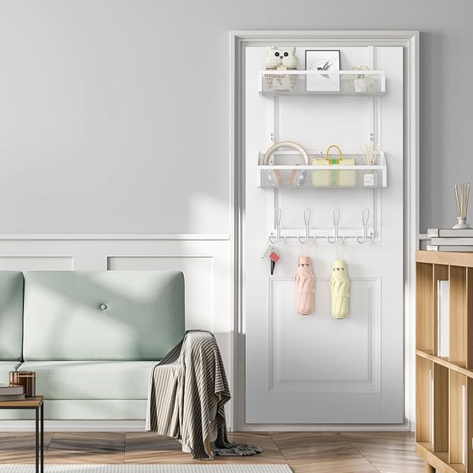 Hocookeeper Over The Door Organizer, Over The Door Hooks & Baskets - 12 Hooks & 2 Mesh Baskets Back of Door Storage Organizer for Bathroom, Kitchen, Bedroom (White)