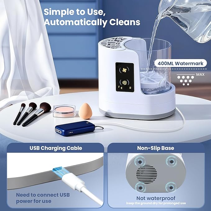 Electric Makeup Brush Cleaner Machine With Drying Function, Smart Touch Control, USB Charging, Detachable Automatic Cleaner Brushes Cleaner Tool for Beauty Makeup Brush Set (White)