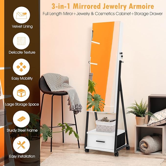 CHARMAID Rolling Jewelry Cabinet with Full Length Mirror, Lockable Standing Jewelry Armoire with Wheels, Steel Legs, Lipstick Brush Storage, Jewelry Organizer Box with Drawers (White)