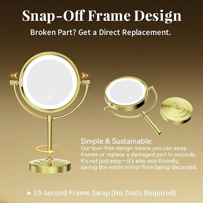 GURUN 8.5 Inch LED Lighted Tabletop Makeup Mirror with 10x Magnification Dimmable 3 Colors Touch Control 4500mAh Double Sided Gold Finish 2208D-T(10x, Gold)