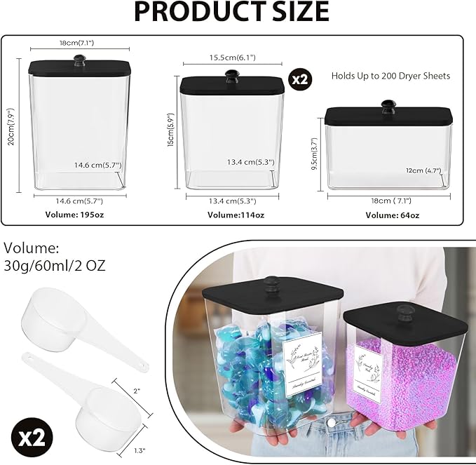 4 Pack Clear Laundry Pods Container & Dryer Sheet Holder, Plastic Square Laundry Room Organization and Storage Jars with Lids, Scoops & Labels for Detergent, Powder, Dryer Balls (Black Lid)