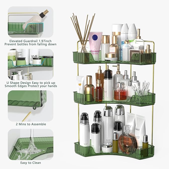 Webetop Corner Bathroom Counter Organizer, Bathroom Makeup Countertop Organizer, Corner Storage Organizers for Vanity, Bathroom，Dresser, Cosmetic, Kitchen Spice Rack Green