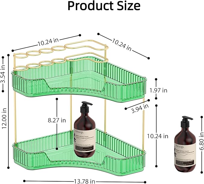 2 Tier Corner Bathroom Organizer Countertop, Vanity Makeup Organizer with Brush Holder, Space-Saving Skincare Storage Corner Shelf for Bathroom, Dressing Table, Kitchen