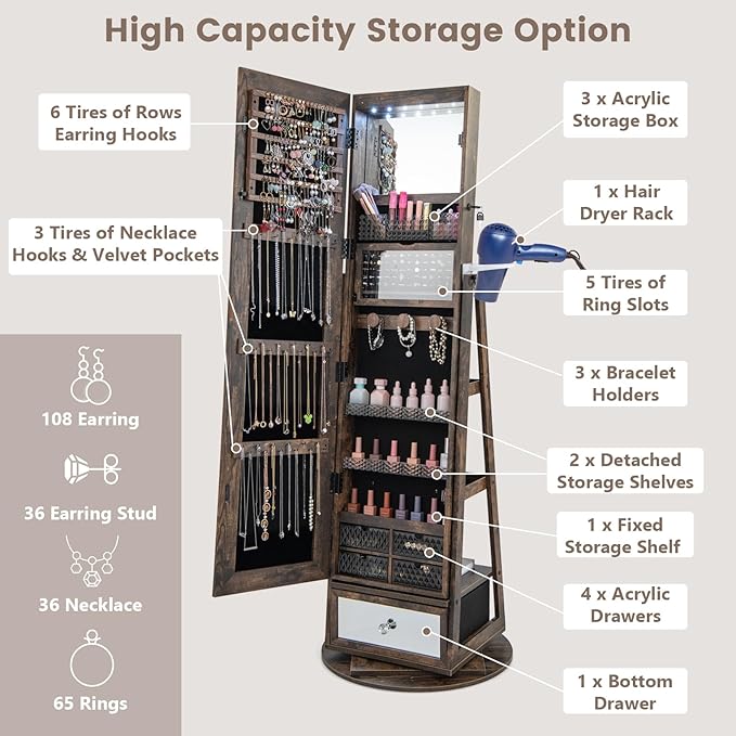 GOFLAME 360° Rotating Jewelry Cabinet with Full Length Mirror, Standing LED Mirror Jewelry Armoire, Lockable Jewelry Organizer with Hair Dryer Rack, Back Storage Shelves, Inner Makeup Mirror, Brown