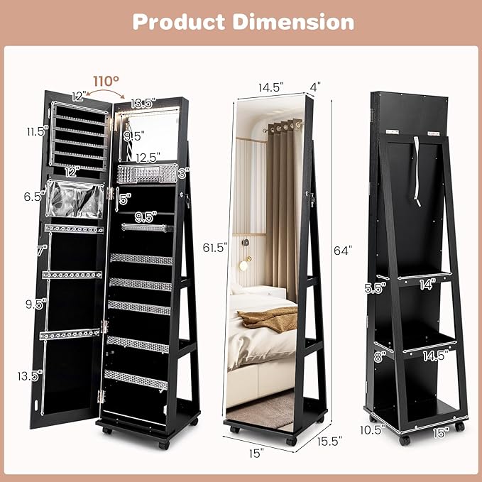 CHARMAID Jewelry Cabinet Armoire with Wheels, 64" Full Length Mirror with Jewelry Storage, 3-Color LED Lights, Adjustable Shelves, Lockable Standing Jewelry Organizer with Back Shelves (Black)