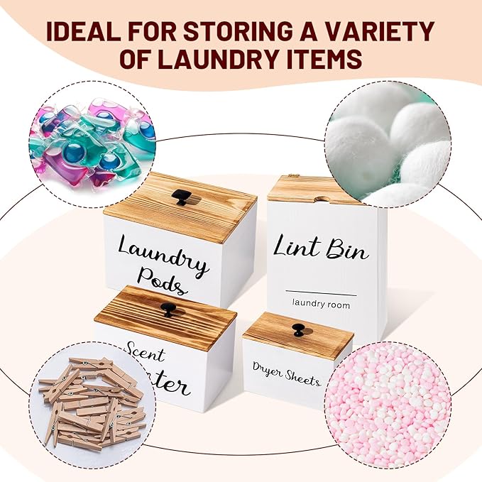 Dandat 4 Pcs Laundry Room Organization and Storage, Dryer Sheet Holder Laundry Pod Holder Scent Booster Container Magnetic Lint Bin with Scoop and Brush Wood Farmhouse Room Container(White)