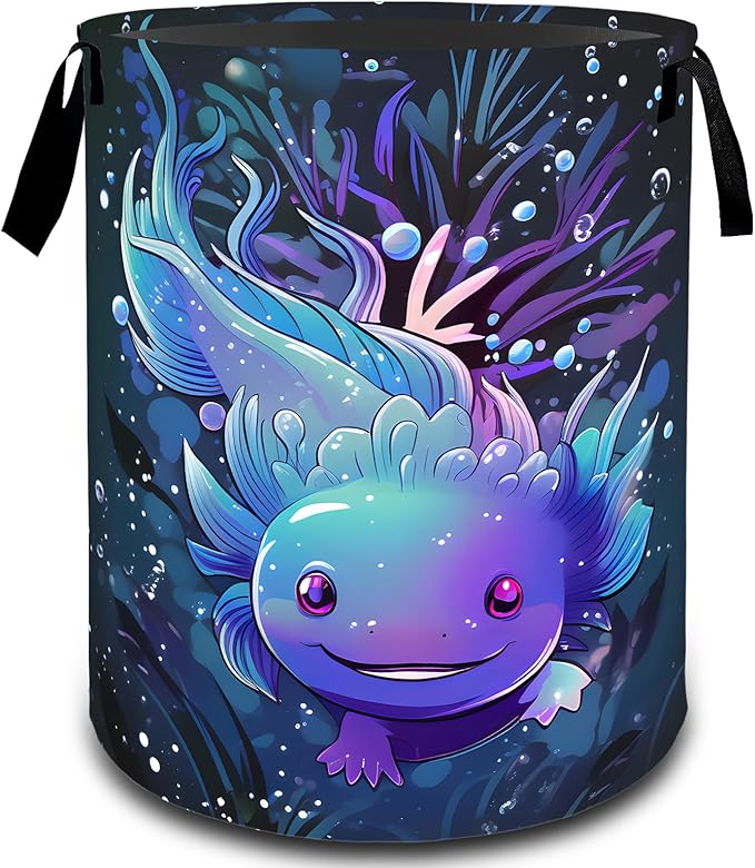 Cute Axolotl Underwater Laundry Basket, Dirty Collapsible Clothes Toy Organizer Hamper for Kids Adults, Oxford Cloth Waterproof Storage Bin for Bedroom Bathroom Home Decor Gifts, 19.7"X15.7"