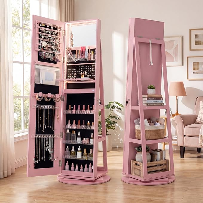CHARMAID 360° Rotating Jewelry Armoire with LED Lighted Full Length Mirror & Built-in Vanity Mirror, Lockable Standing Jewelry Cabinet with Lights, Large Storage Organizer for Jewelry (Pink)