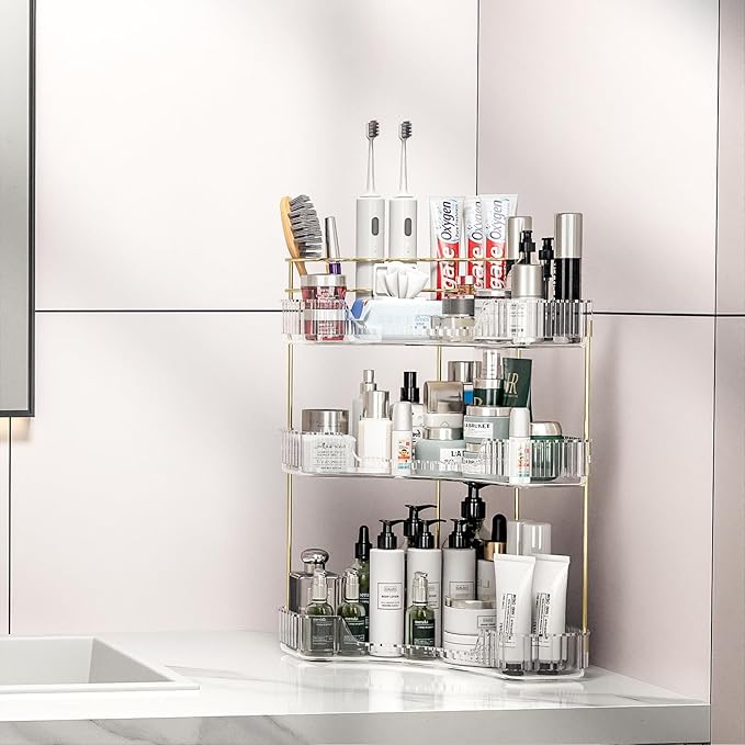 Makeup Organizer Countertop 3 Tier, Corner Bathroom Countertop Organizer with Toothbrush and Makeup Brush Holder, Corner Vanity Tray for Skincare Organization