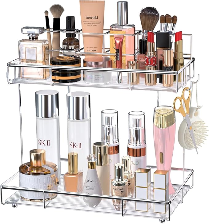 2 Tier Chrome Bathroom Organizer Countertop, Small Countertop Organizer for Bathroom Decor, Kitchen Counter Shelf for Spice Rack and Snack, Vanity Makeup Organizers Tray for Bedroom (Chrome)