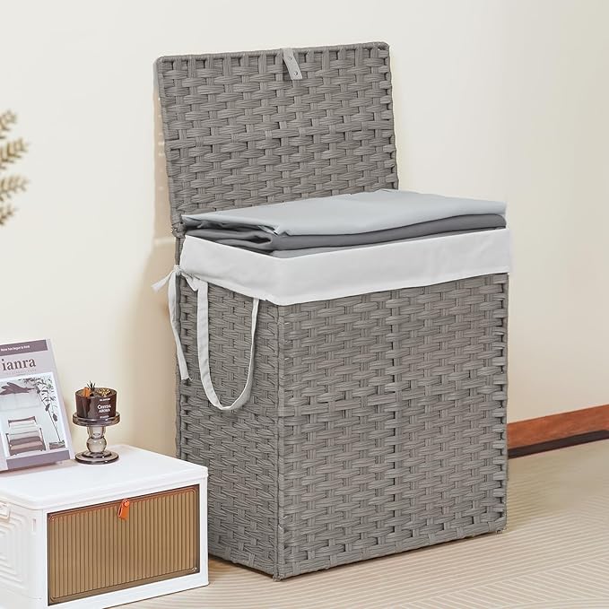 110L Laundry Hamper with Lid, Hand-Woven Pp Rattan Laundry Basket with Compartments & Handles, Removable Liner Bags,Foldable, Narrow Dirty Clothes Basket, Grey