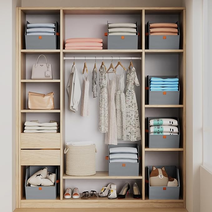 Fabric Closet Storage Cubes - 6 Pack Square Storage Bins with Dual Handles for Clothes, Towels, Toys, Cube Storage Organizers for Bedroom, Nursery, Shelves, Closet, Small Spaces, Grey