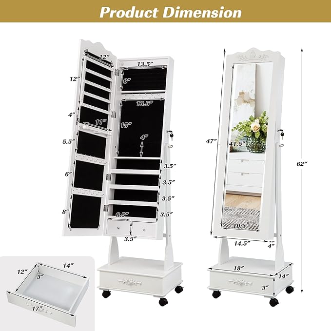 CHARMAID Rolling Jewelry Armoire with Full Length Mirror, Lockable Stand up Jewelry Cabinet with Lights and Wheels, Standing Jewelry Organizer with Drawers, Mirror with Jewelry Storage (White)