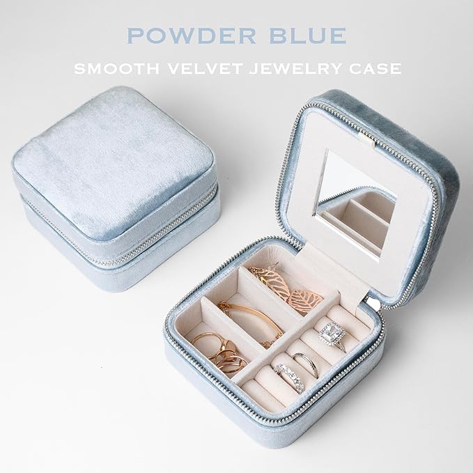 Customizable Compact Velvet Jewelry Box with Mirror, Travel Jewelry Case, Travel Jewelry Organizer, Jewelry Box for Women and Girls, Small Jewelry Organizer (Flower Design, Powder Blue)