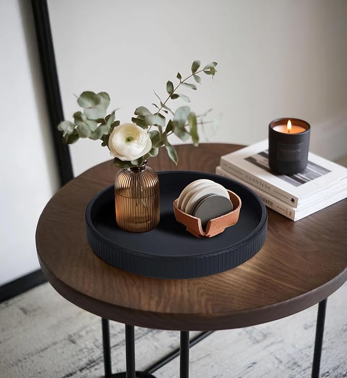 HofferRuffer Round Decorative Tray, Faux Leather Vanity Tray Decor, Decorative Catchall for Perfume, Bathroom Valet, Nightstand or Dresser (Black Stripe, Round-12" x 12" x 1.6")