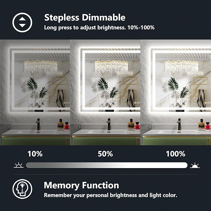 80x40 Inch LED Bathroom Mirror with Lights Front and Backlit Lighted Vanity Mirror for Bathroom Wall with 3 Colors Dimmable Anti-Fog Memory Shatter-Proof IP54 Waterproof Horizontal/Vertical