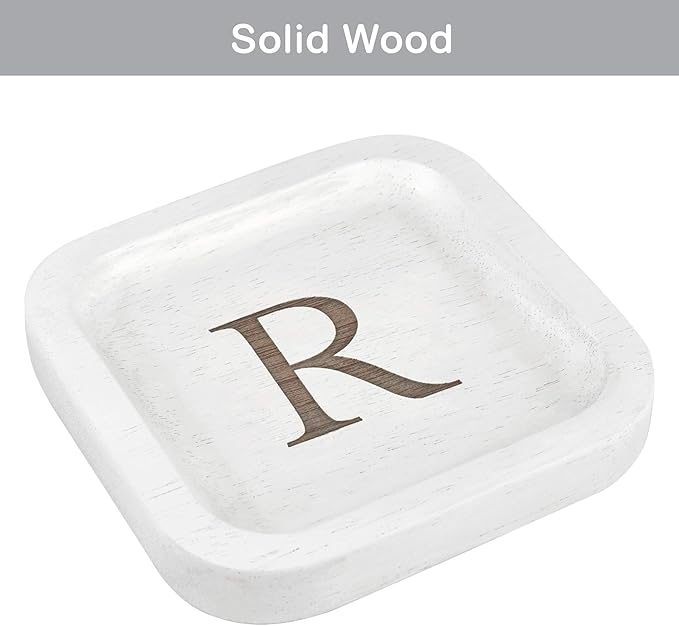 I'm Wooden Personalized Letter Catchall Valet Tray Trinket Dish Jewelry Tray Key Bowl Decorative Plate Organizing Ring Earrings Necklaces Bracelet Watch Coins Wallet Holder (6"x6" Sq White R)