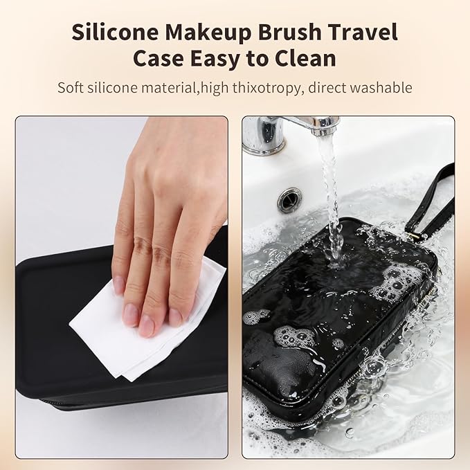 Silicone Makeup Bag, Portable Makeup Brush Holder, Travel Cosmetic Bag Versatile Zipper Pouch For Women (Black)