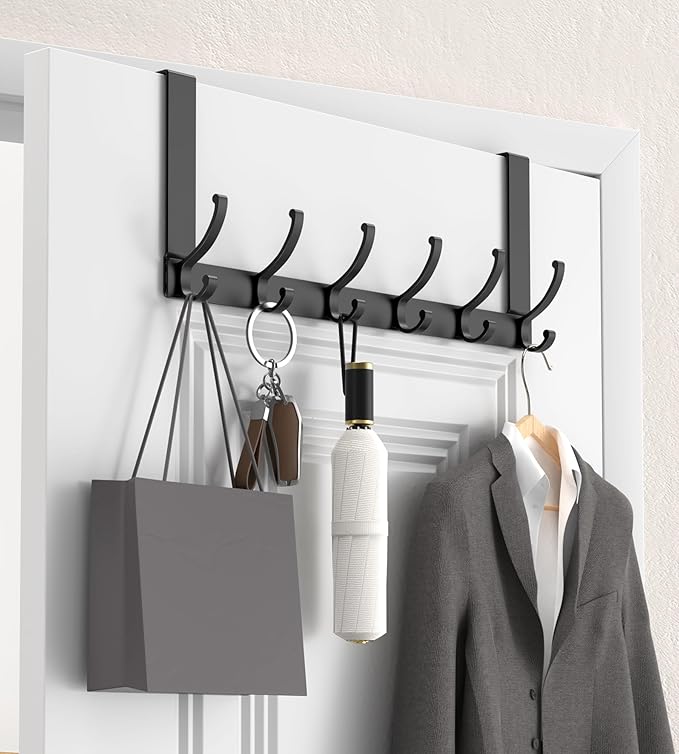 KitchLife Over The Door Hooks Hanger with 7 inches Extended Arms, Fits 1-3/8" Doors, F18U, Bathroom Towel Rack Organization, Thickened 6-Double Hook, Matte Black