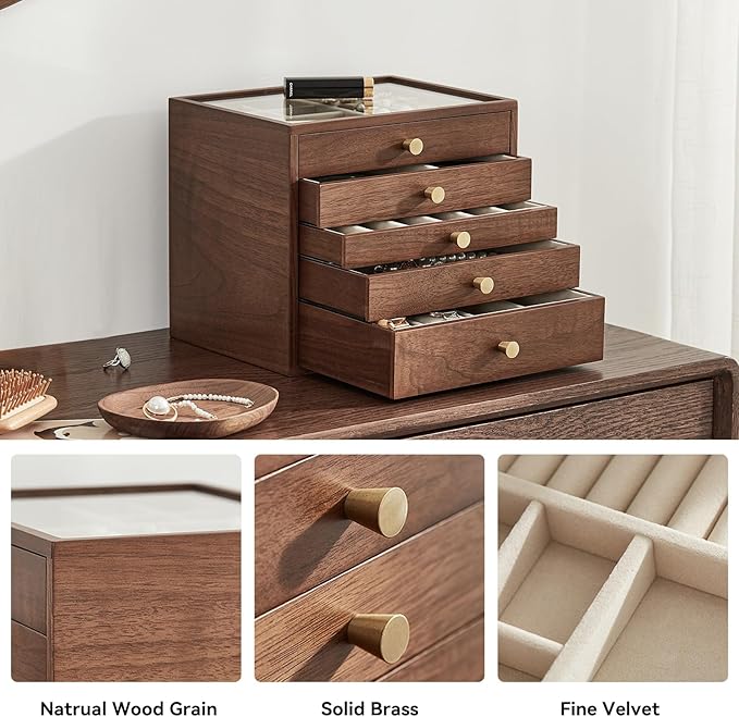 Black Walnut Wooden Jewelry Box Women large 5 Layer Drawer Wood Organizer Box with Glass Lid for Necklaces, Watch, Necklace, Ring, Earring Storage - Valentine's Day Gifts