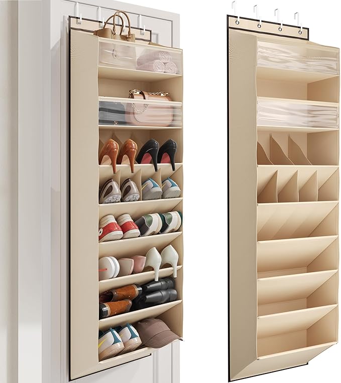 8 Tier Clear Over the Door Shoe Organizer with Deep Pockets, Door Shoes Rack with hard Cardboard and Tubes to Keep the Shape, Hanging Shoe Rack for Closet Organizers, Shoe Holder Beige