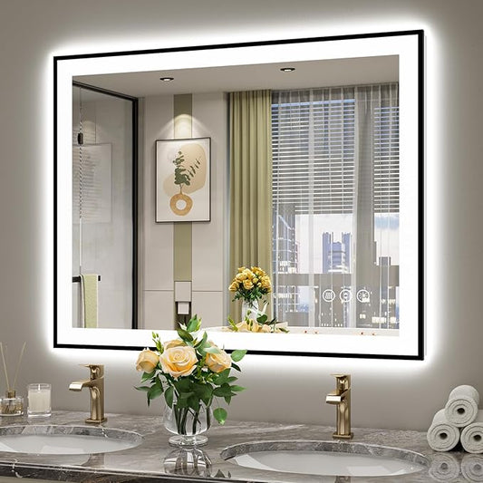 40x32 Inch LED Bathroom Mirror with Lights (Front Lit and Backlit) Black Framed Lighted Vanity Mirror for Bathroom Wall Dimmable Anti-Fog Memory Tempered Glass Horizontal/Vertical