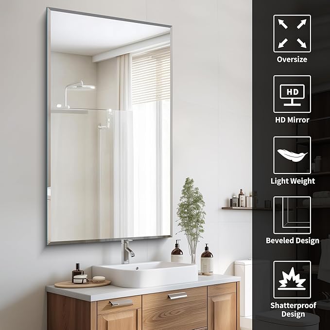 CILIBER Large Beveled Mirror, 30x55 Frameless Beveled Bathroom Mirrors for Over Sink, Upgraded Shatterproof Beveled Frameless Vanity Mirror for Bathroom,Bedroom,Living Room and Entryway