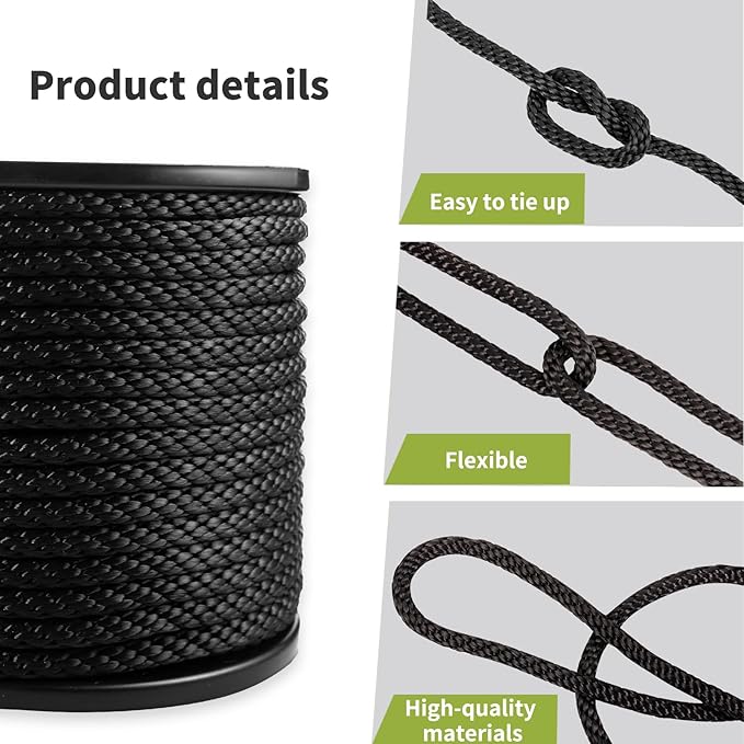 3/8 Inch 200FT Black Polyester Solid Braid Rope | High UV & Abrasion Resistance | Industrial Grade, Low Stretch | Multipurpose for Flag Poles, Clotheslines