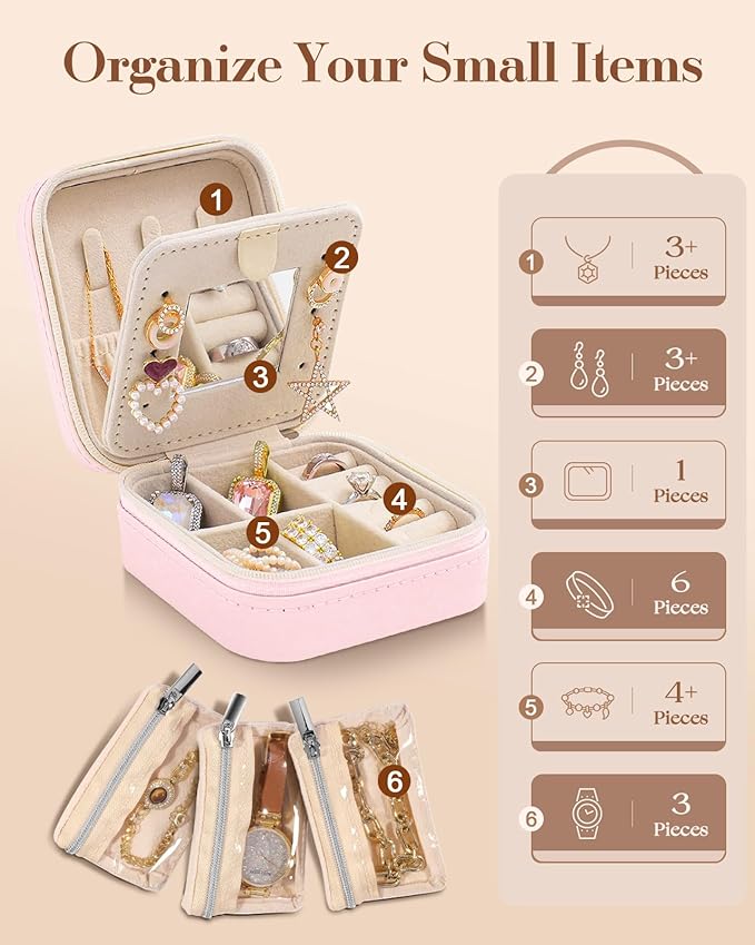 Bistup Travel Jewelry Case - Small Jewelry Organizers and Storage Box for Women Girls Teens Cute Traveling Jewelry Holder with Mirror Little Tiny Compact Modern Unique Aesthetic Pretty, Peach Blossom