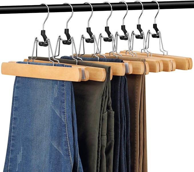 AMKUFO 12 Pack Natural Wooden Pants Hangers with Clips Non Slip Skirt Hangers Trouser Clamp Hanger Solid Wood Hanger with 360° Swivel Hook